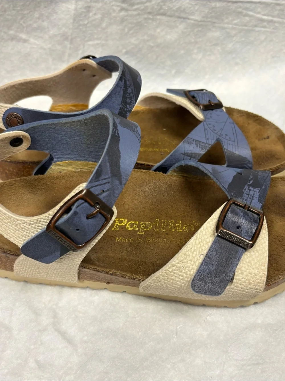 Birkenstock Blue and Cream Strappy Cork Footbed Sandals
